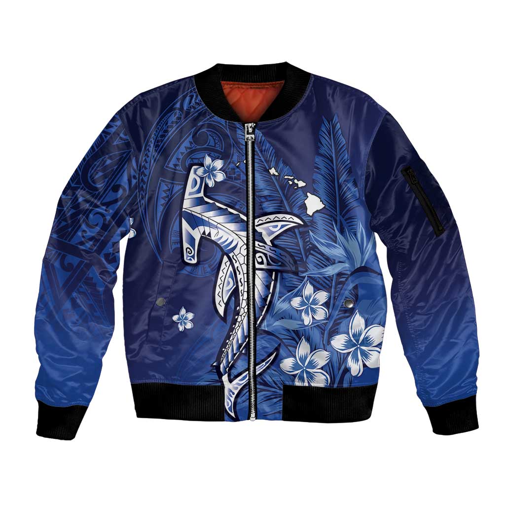 Personalized Hawaiian Maori Hammerhead Shark Sleeve Zip Bomber Jacket Polu Plumeria - Polynesian Pride