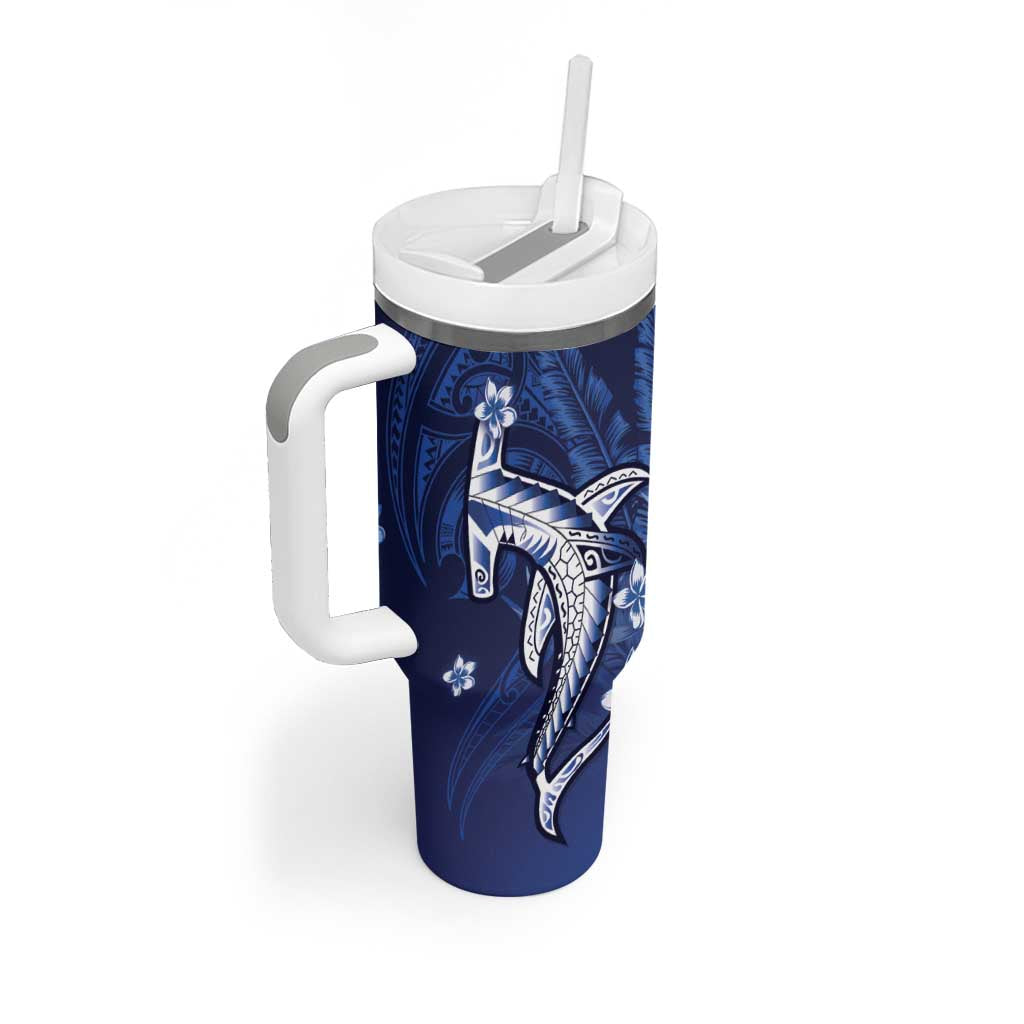 Personalized Hawaiian Maori Hammerhead Shark Tumbler With Handle Polu Plumeria - Polynesian Pride