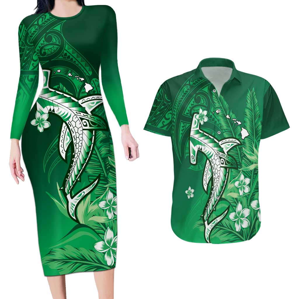 Personalized Hawaiian Maori Hammerhead Shark Couples Matching Long Sleeve Bodycon Dress and Hawaiian Shirt Omaomao Plumeria LT9 Green - Polynesian Pride