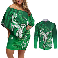 Personalized Hawaiian Maori Hammerhead Shark Couples Matching Off Shoulder Short Dress and Long Sleeve Button Shirt Omaomao Plumeria - Polynesian Pride
