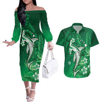 Personalized Hawaiian Maori Hammerhead Shark Couples Matching Off The Shoulder Long Sleeve Dress and Hawaiian Shirt Omaomao Plumeria LT9 Green - Polynesian Pride