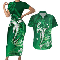 Personalized Hawaiian Maori Hammerhead Shark Couples Matching Short Sleeve Bodycon Dress and Hawaiian Shirt Omaomao Plumeria LT9 Green - Polynesian Pride