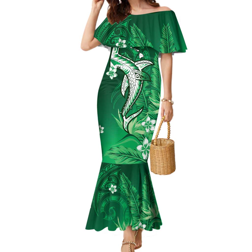 Personalized Hawaiian Maori Hammerhead Shark Family Matching Mermaid Dress and Hawaiian Shirt Omaomao Plumeria LT9 Mom's Dress Green - Polynesian Pride