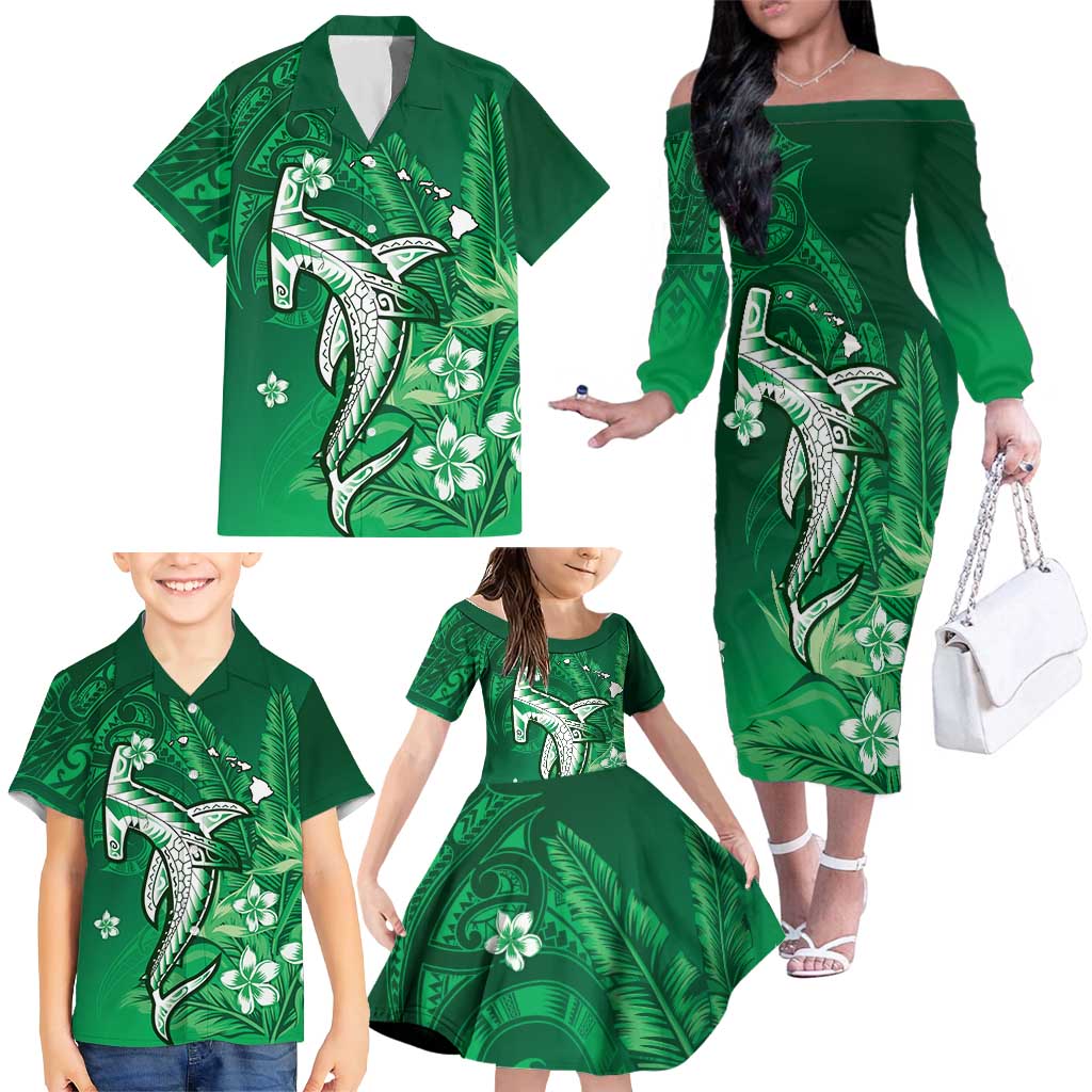 Personalized Hawaiian Maori Hammerhead Shark Family Matching Off The Shoulder Long Sleeve Dress and Hawaiian Shirt Omaomao Plumeria LT9 - Polynesian Pride