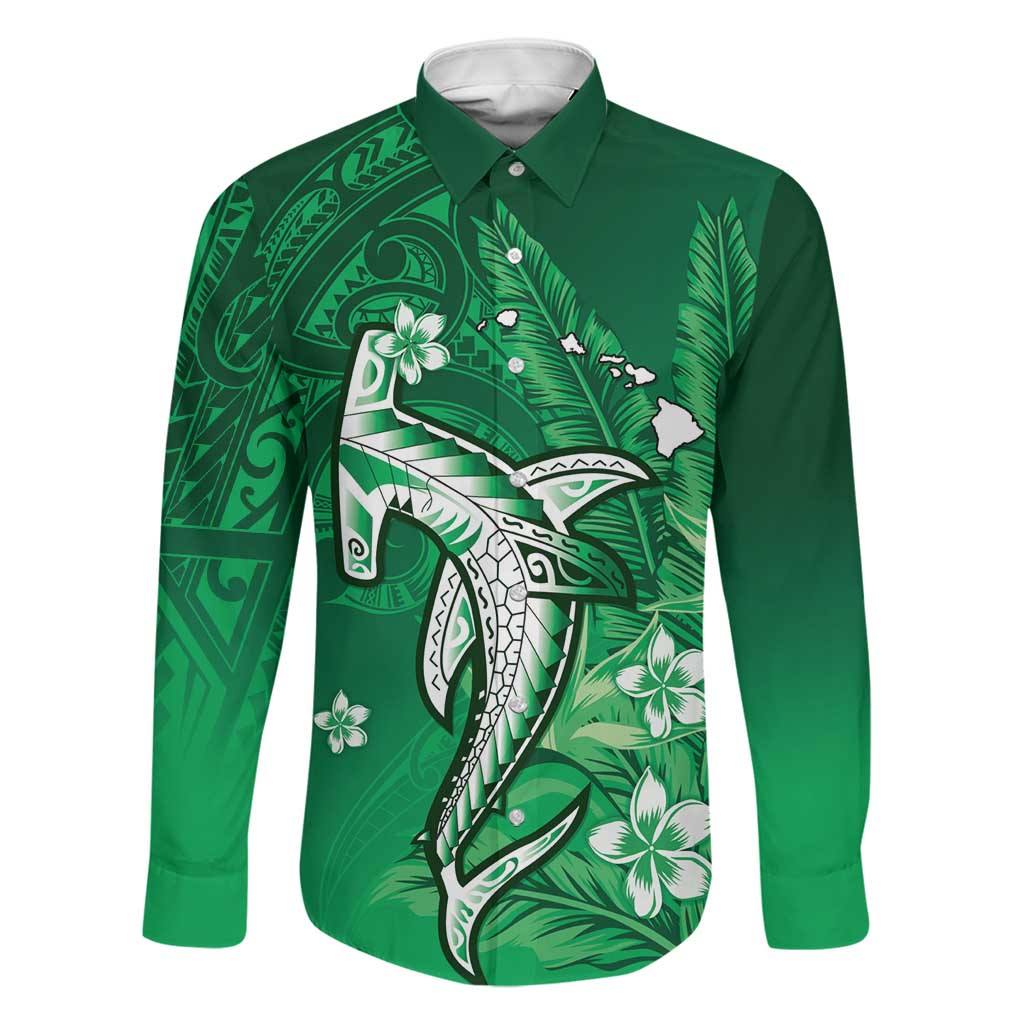 Personalized Hawaiian Maori Hammerhead Shark Family Matching Off Shoulder Maxi Dress and Hawaiian Shirt Omaomao Plumeria LT9 Dad's Shirt - Long Sleeve Green - Polynesian Pride