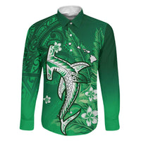 Personalized Hawaiian Maori Hammerhead Shark Family Matching Off Shoulder Maxi Dress and Hawaiian Shirt Omaomao Plumeria LT9 Dad's Shirt - Long Sleeve Green - Polynesian Pride