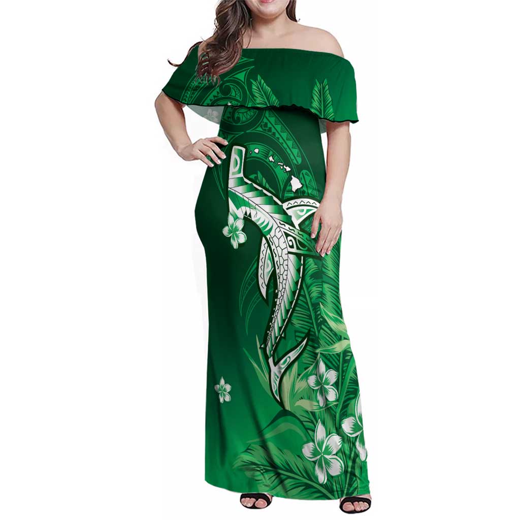 Personalized Hawaiian Maori Hammerhead Shark Family Matching Off Shoulder Maxi Dress and Hawaiian Shirt Omaomao Plumeria LT9 Mom's Dress Green - Polynesian Pride