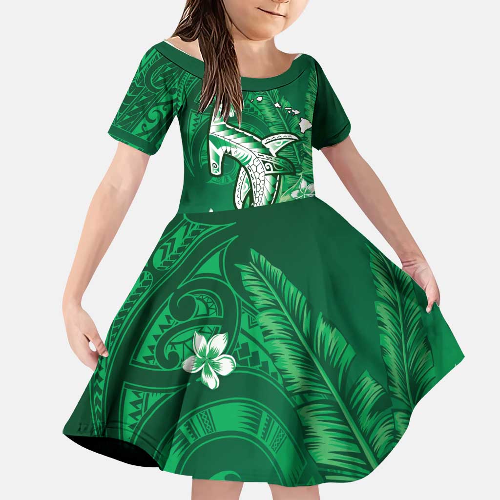 Personalized Hawaiian Maori Hammerhead Shark Family Matching Off Shoulder Short Dress and Hawaiian Shirt Omaomao Plumeria LT9 Daughter's Dress Green - Polynesian Pride
