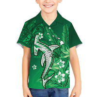 Personalized Hawaiian Maori Hammerhead Shark Family Matching Off Shoulder Short Dress and Hawaiian Shirt Omaomao Plumeria LT9 Son's Shirt Green - Polynesian Pride