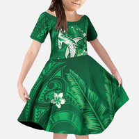 Personalized Hawaiian Maori Hammerhead Shark Family Matching Summer Maxi Dress and Hawaiian Shirt Omaomao Plumeria LT9 Daughter's Dress Green - Polynesian Pride