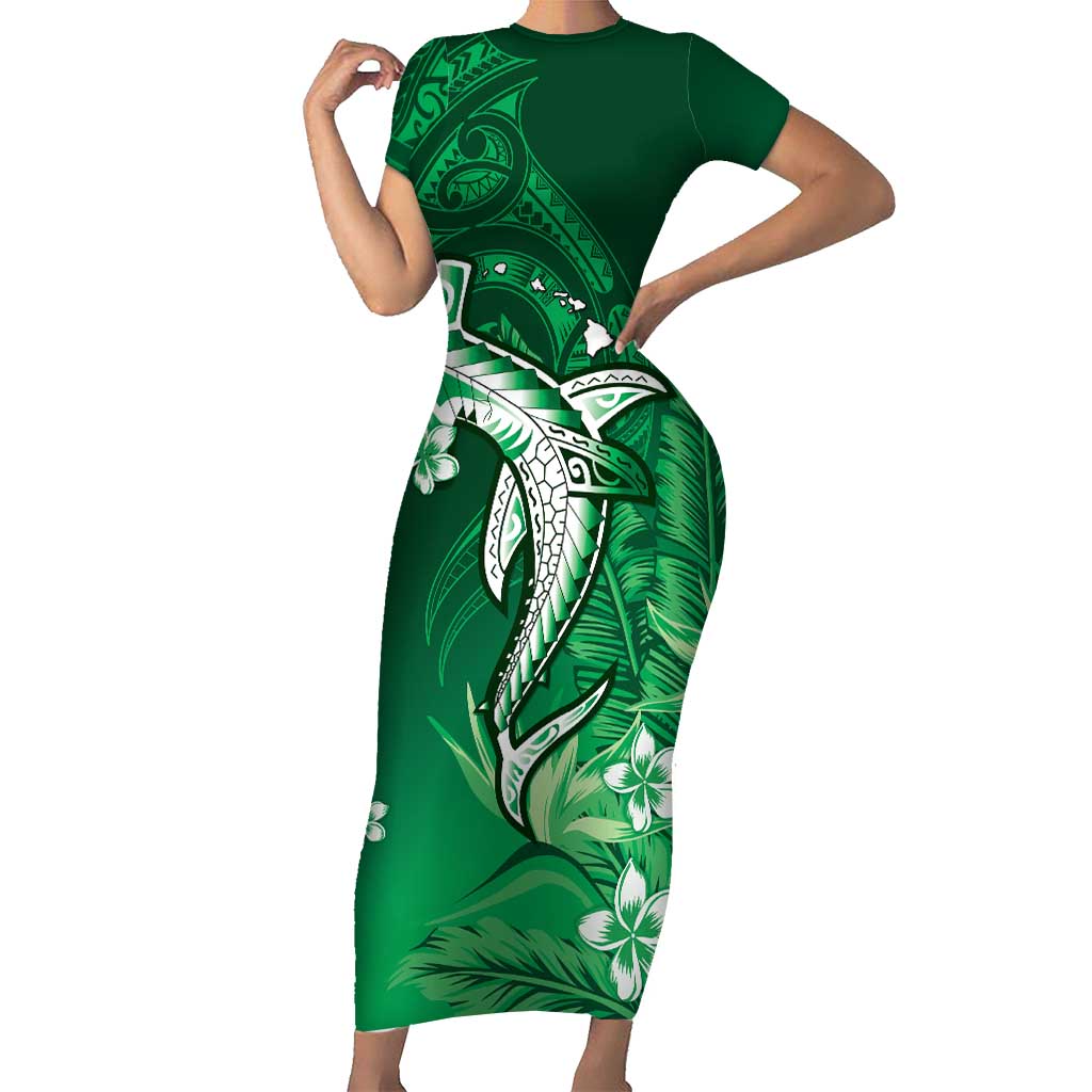 Personalized Hawaiian Maori Hammerhead Shark Short Sleeve Bodycon Dress Omaomao Plumeria - Polynesian Pride