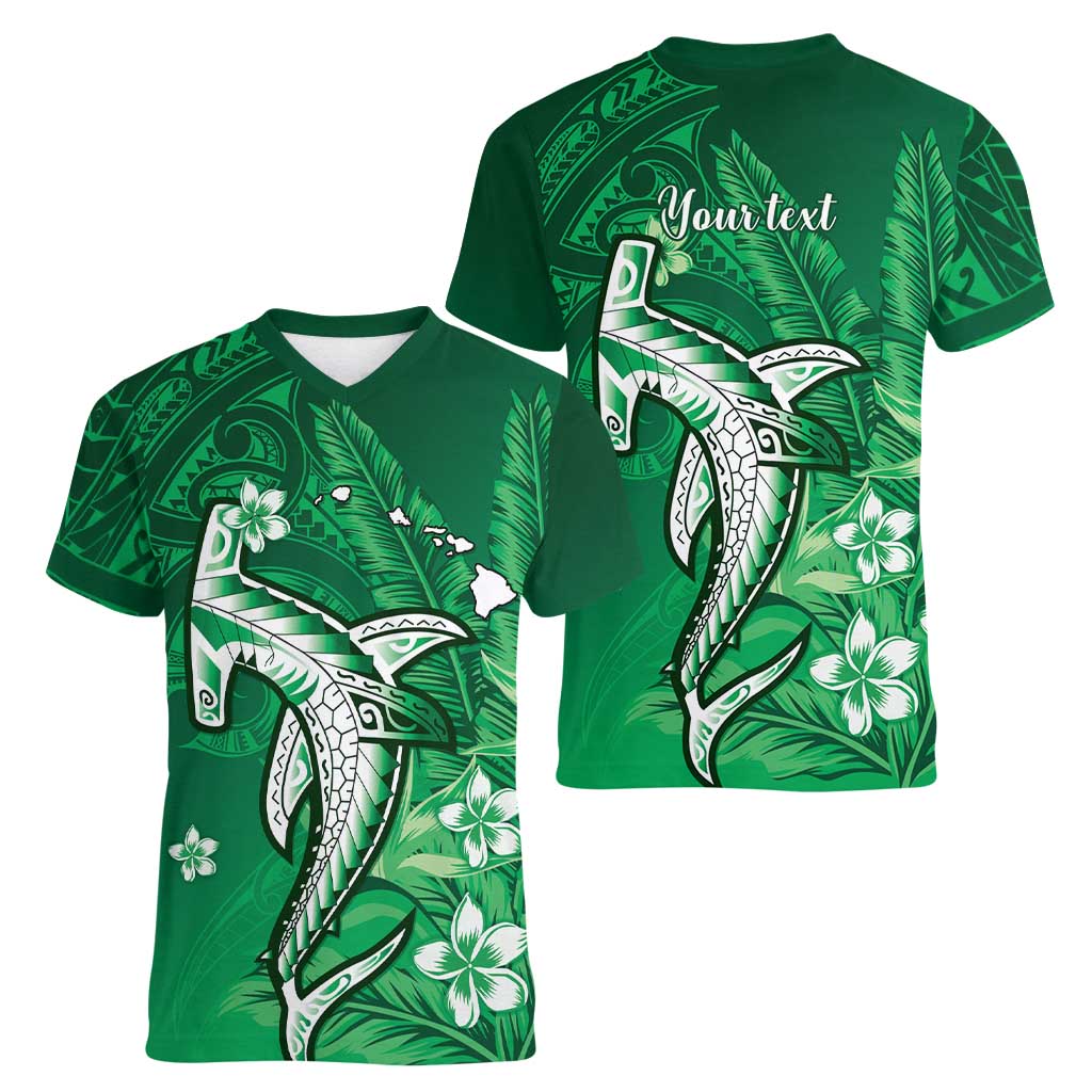 Personalized Hawaiian Maori Hammerhead Shark Women V-Neck T-Shirt Omaomao Plumeria - Polynesian Pride
