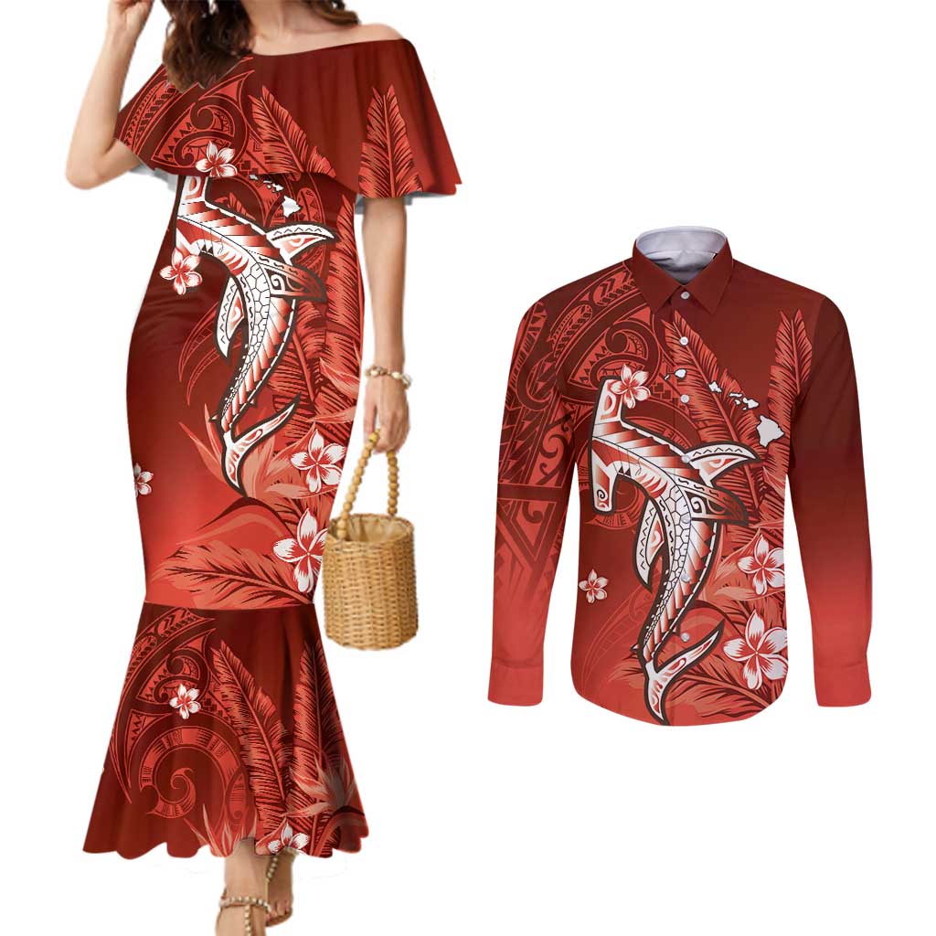 Personalized Hawaiian Maori Hammerhead Shark Couples Matching Mermaid Dress and Long Sleeve Button Shirt Ulaula Plumeria - Polynesian Pride