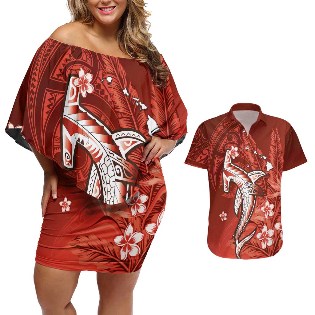 Personalized Hawaiian Maori Hammerhead Shark Couples Matching Off Shoulder Short Dress and Hawaiian Shirt Ulaula Plumeria LT9 Red - Polynesian Pride