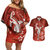 Personalized Hawaiian Maori Hammerhead Shark Couples Matching Off Shoulder Short Dress and Hawaiian Shirt Ulaula Plumeria LT9 Red - Polynesian Pride