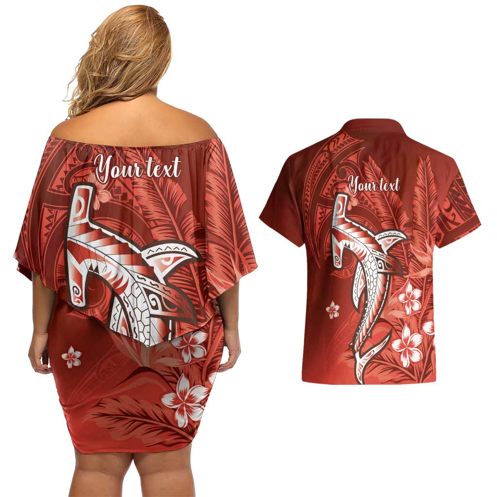 Personalized Hawaiian Maori Hammerhead Shark Couples Matching Off Shoulder Short Dress and Hawaiian Shirt Ulaula Plumeria LT9 - Polynesian Pride
