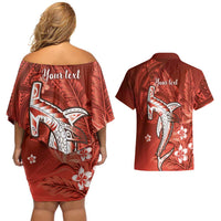 Personalized Hawaiian Maori Hammerhead Shark Couples Matching Off Shoulder Short Dress and Hawaiian Shirt Ulaula Plumeria LT9 - Polynesian Pride
