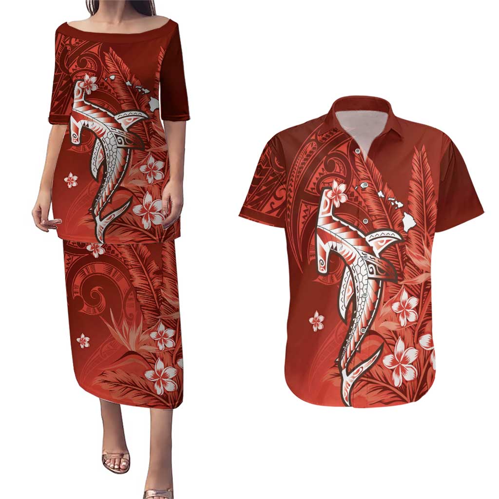 Personalized Hawaiian Maori Hammerhead Shark Couples Matching Puletasi and Hawaiian Shirt Ulaula Plumeria - Polynesian Pride