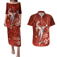 Personalized Hawaiian Maori Hammerhead Shark Couples Matching Puletasi and Hawaiian Shirt Ulaula Plumeria - Polynesian Pride