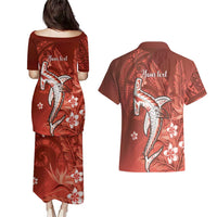 Personalized Hawaiian Maori Hammerhead Shark Couples Matching Puletasi and Hawaiian Shirt Ulaula Plumeria - Polynesian Pride