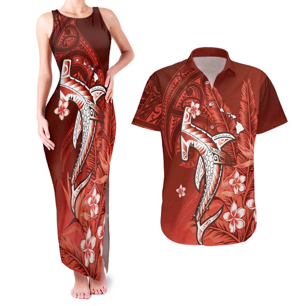 Personalized Hawaiian Maori Hammerhead Shark Couples Matching Tank Maxi Dress and Hawaiian Shirt Ulaula Plumeria LT9 Red - Polynesian Pride