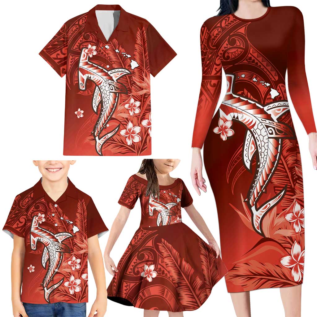 Personalized Hawaiian Maori Hammerhead Shark Family Matching Long Sleeve Bodycon Dress and Hawaiian Shirt Ulaula Plumeria LT9 - Polynesian Pride