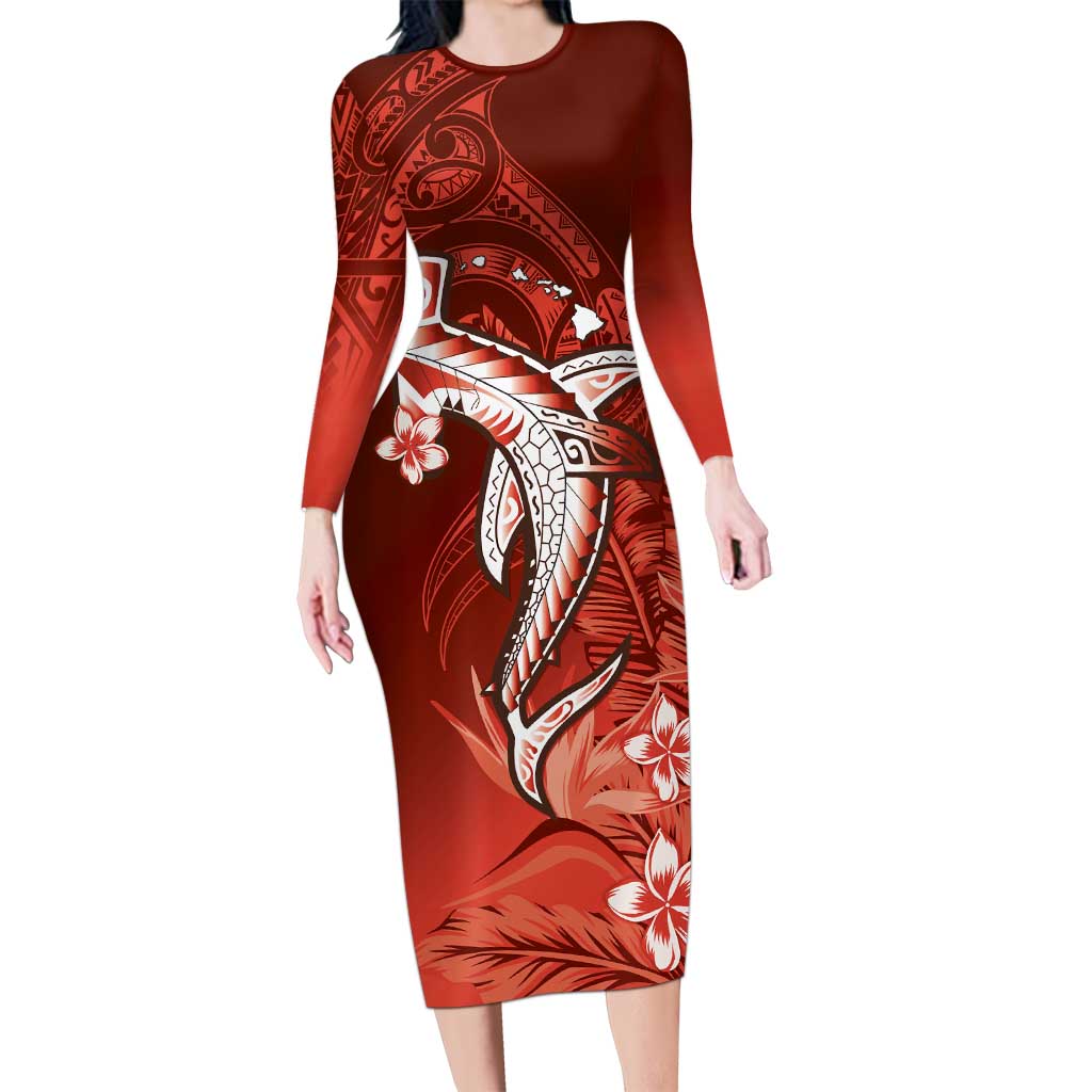 Personalized Hawaiian Maori Hammerhead Shark Family Matching Long Sleeve Bodycon Dress and Hawaiian Shirt Ulaula Plumeria LT9 Mom's Dress Red - Polynesian Pride