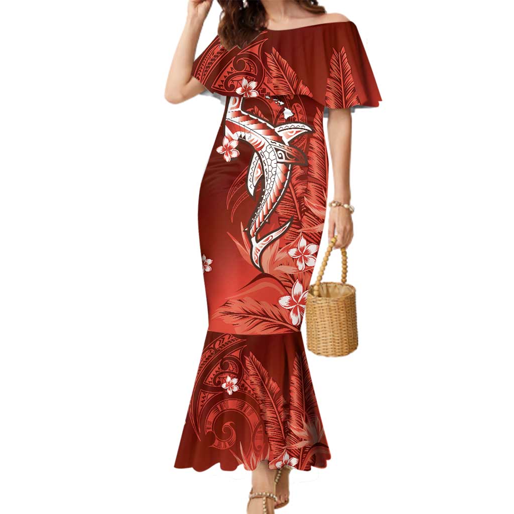 Personalized Hawaiian Maori Hammerhead Shark Family Matching Mermaid Dress and Hawaiian Shirt Ulaula Plumeria LT9 Mom's Dress Red - Polynesian Pride