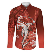 Personalized Hawaiian Maori Hammerhead Shark Family Matching Off The Shoulder Long Sleeve Dress and Hawaiian Shirt Ulaula Plumeria LT9 Dad's Shirt - Long Sleeve Red - Polynesian Pride