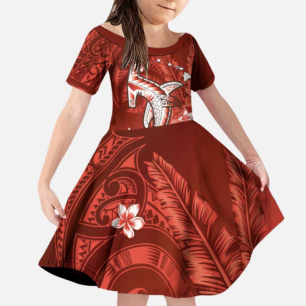 Personalized Hawaiian Maori Hammerhead Shark Family Matching Off Shoulder Maxi Dress and Hawaiian Shirt Ulaula Plumeria LT9 Daughter's Dress Red - Polynesian Pride