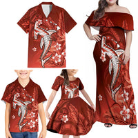 Personalized Hawaiian Maori Hammerhead Shark Family Matching Off Shoulder Maxi Dress and Hawaiian Shirt Ulaula Plumeria LT9 - Polynesian Pride