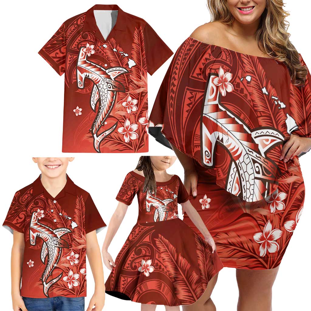 Personalized Hawaiian Maori Hammerhead Shark Family Matching Off Shoulder Short Dress and Hawaiian Shirt Ulaula Plumeria LT9 - Polynesian Pride