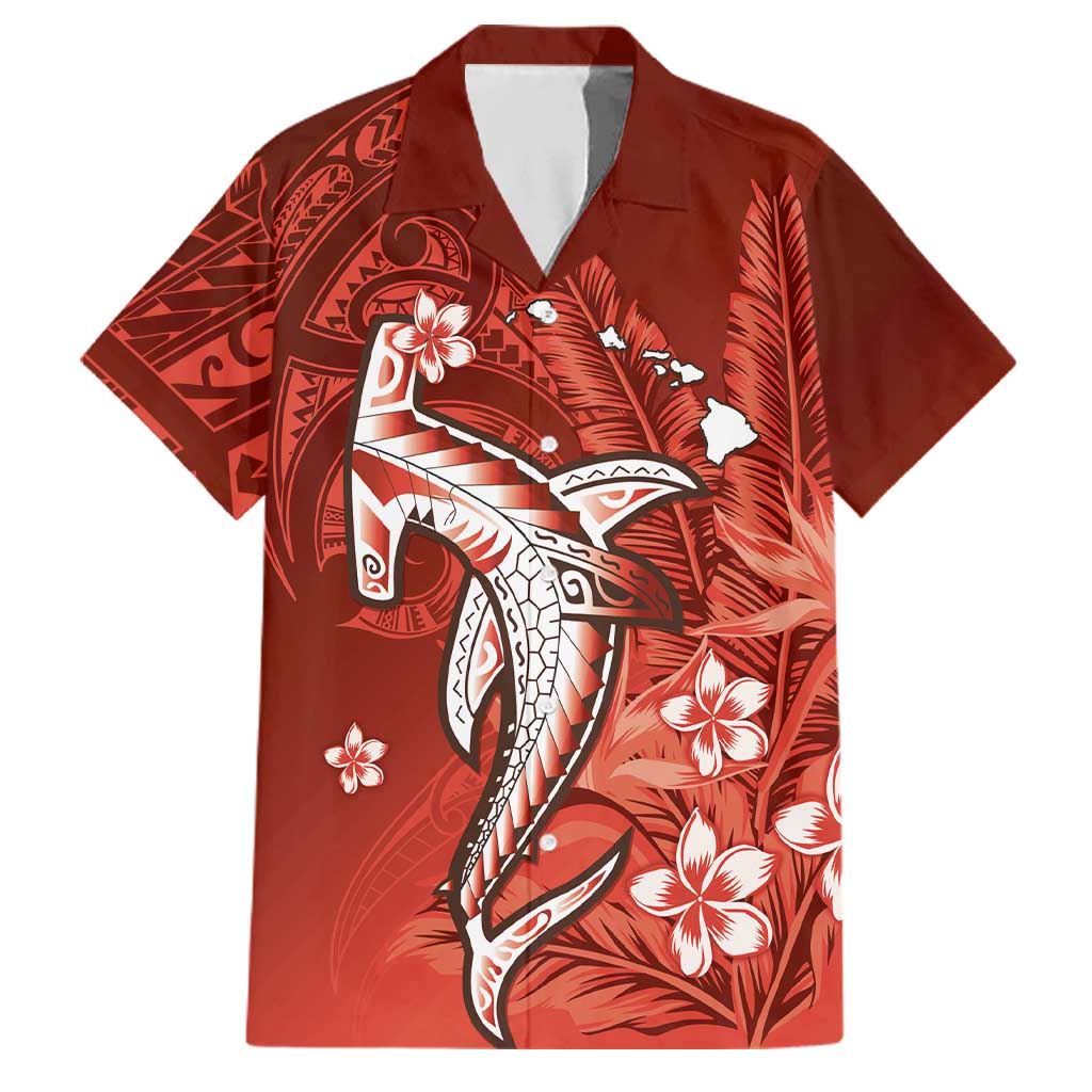 Personalized Hawaiian Maori Hammerhead Shark Family Matching Puletasi and Hawaiian Shirt Ulaula Plumeria LT9 Dad's Shirt - Short Sleeve Red - Polynesian Pride