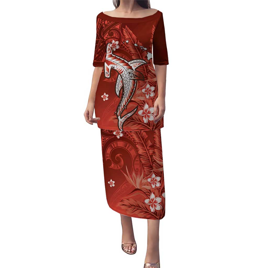 Personalized Hawaiian Maori Hammerhead Shark Family Matching Puletasi and Hawaiian Shirt Ulaula Plumeria LT9 Mom's Dress Red - Polynesian Pride
