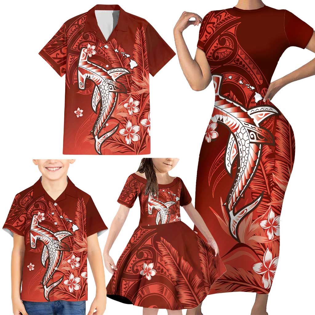 Personalized Hawaiian Maori Hammerhead Shark Family Matching Short Sleeve Bodycon Dress and Hawaiian Shirt Ulaula Plumeria LT9 - Polynesian Pride