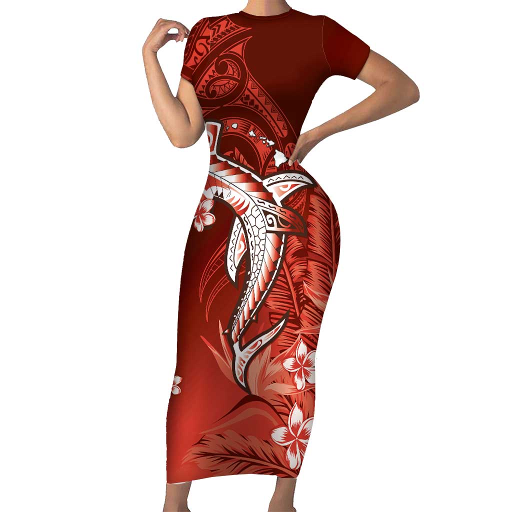 Personalized Hawaiian Maori Hammerhead Shark Family Matching Short Sleeve Bodycon Dress and Hawaiian Shirt Ulaula Plumeria LT9 Mom's Dress Red - Polynesian Pride