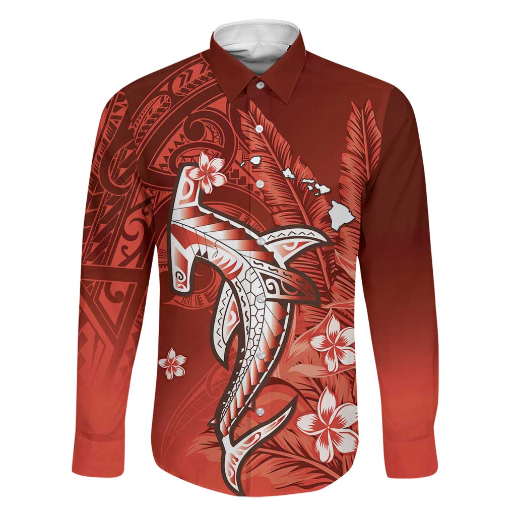 Personalized Hawaiian Maori Hammerhead Shark Family Matching Summer Maxi Dress and Hawaiian Shirt Ulaula Plumeria LT9 Dad's Shirt - Long Sleeve Red - Polynesian Pride