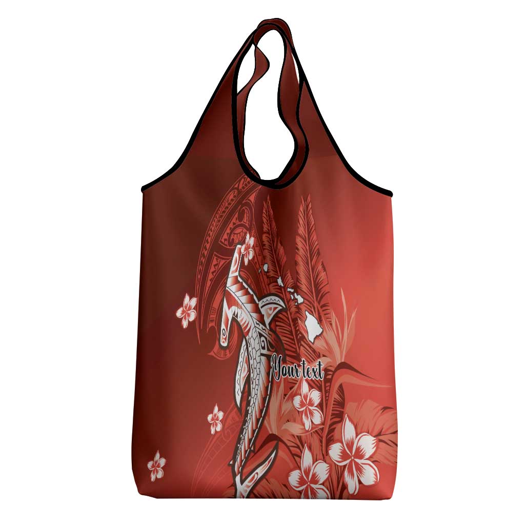 Personalized Hawaiian Maori Hammerhead Shark Grocery Bag Ulaula Plumeria - Polynesian Pride