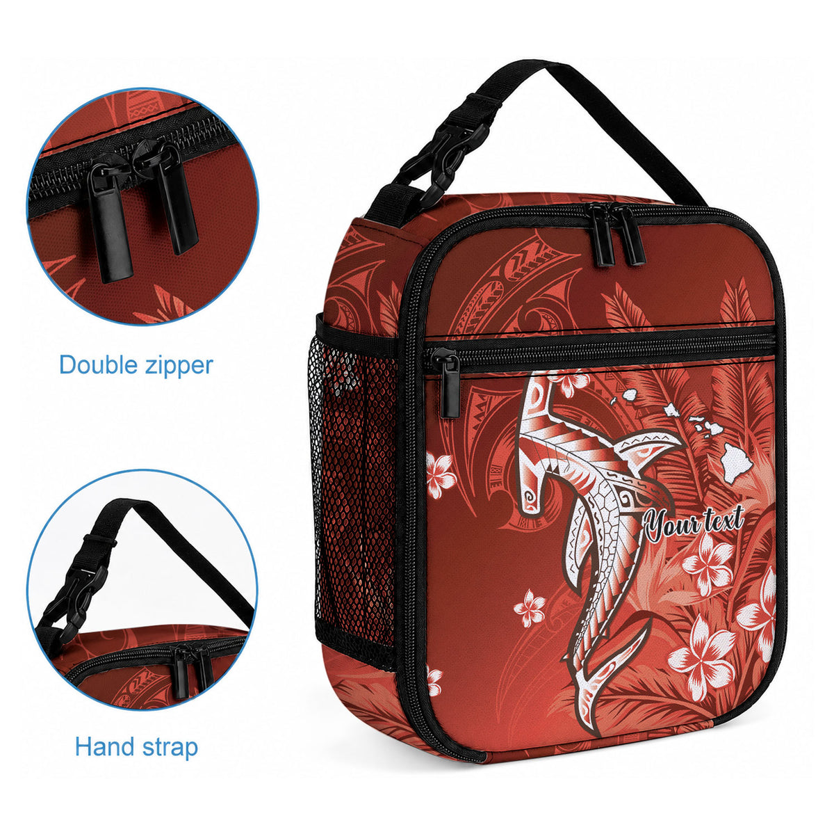 Personalized Hawaiian Maori Hammerhead Shark Lunch Bag Ulaula Plumeria LT9 - Polynesian Pride