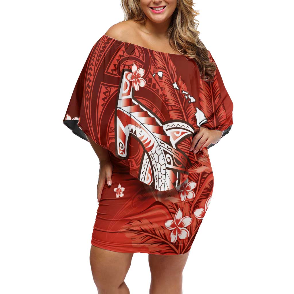 Personalized Hawaiian Maori Hammerhead Shark Off Shoulder Short Dress Ulaula Plumeria - Polynesian Pride