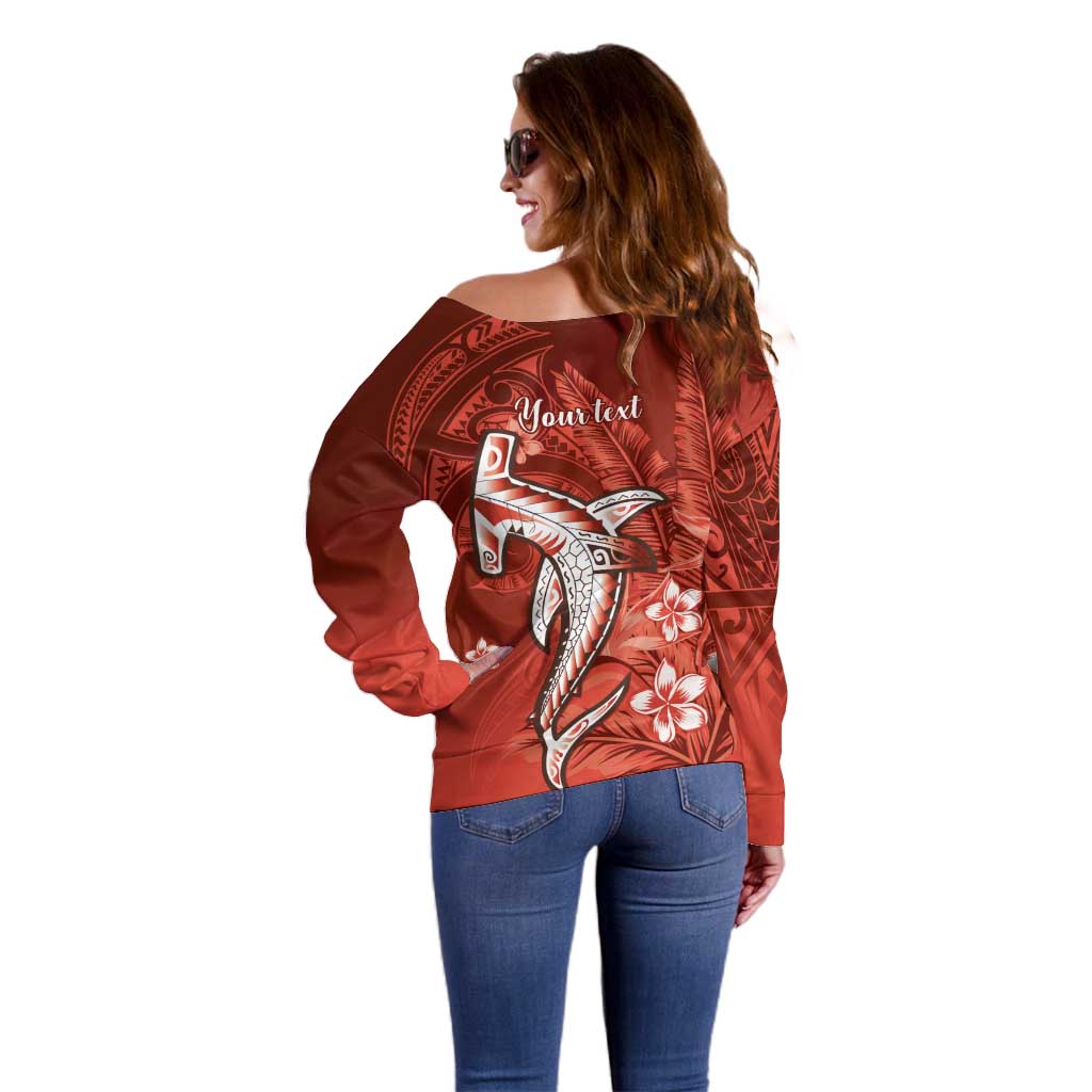 Personalized Hawaiian Maori Hammerhead Shark Off Shoulder Sweater Ulaula Plumeria - Polynesian Pride