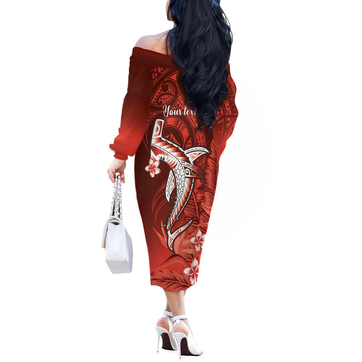 Personalized Hawaiian Maori Hammerhead Shark Off The Shoulder Long Sleeve Dress Ulaula Plumeria - Polynesian Pride