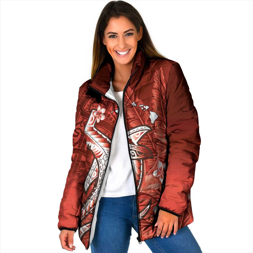 Personalized Hawaiian Maori Hammerhead Shark Padded Jacket Ulaula Plumeria LT9 Women Red - Polynesian Pride