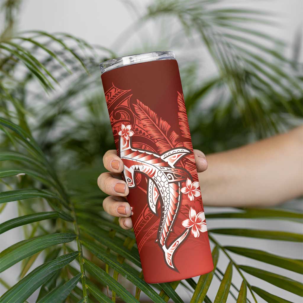 Personalized Hawaiian Maori Hammerhead Shark Skinny Tumbler Ulaula Plumeria - Polynesian Pride