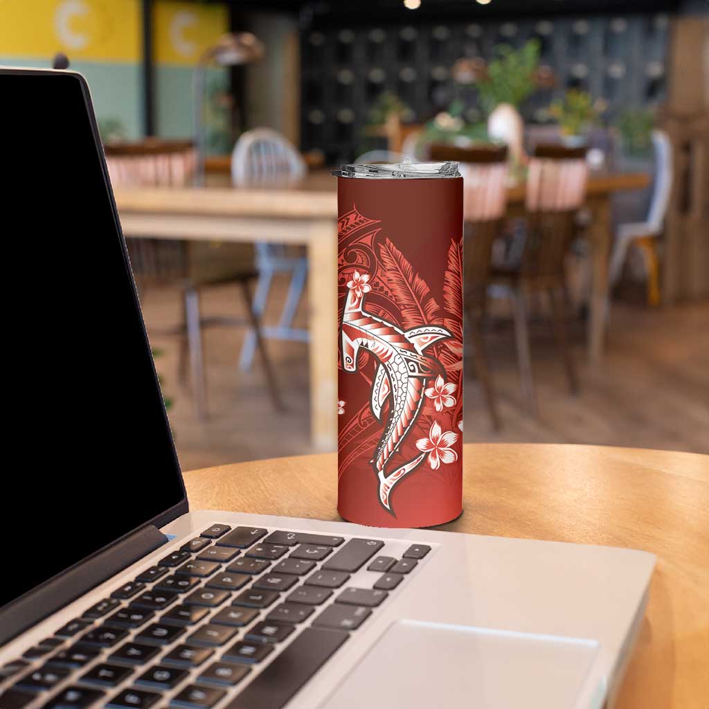 Personalized Hawaiian Maori Hammerhead Shark Skinny Tumbler Ulaula Plumeria - Polynesian Pride