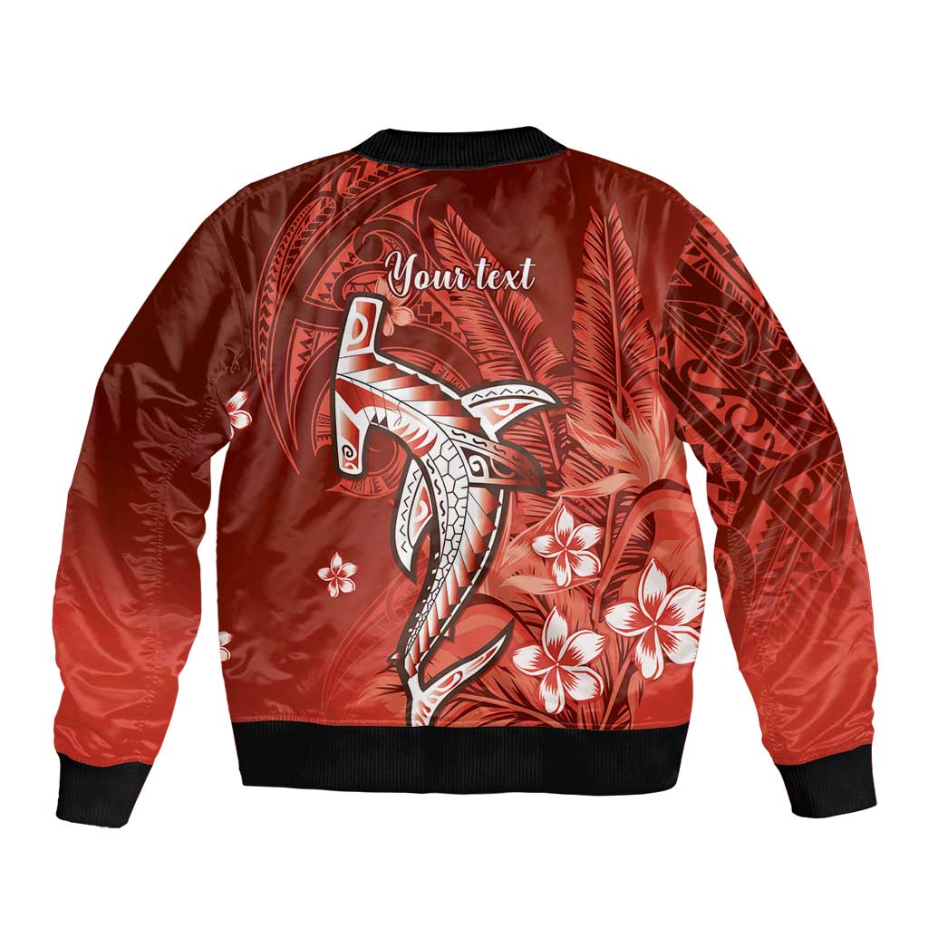 Personalized Hawaiian Maori Hammerhead Shark Sleeve Zip Bomber Jacket Ulaula Plumeria - Polynesian Pride