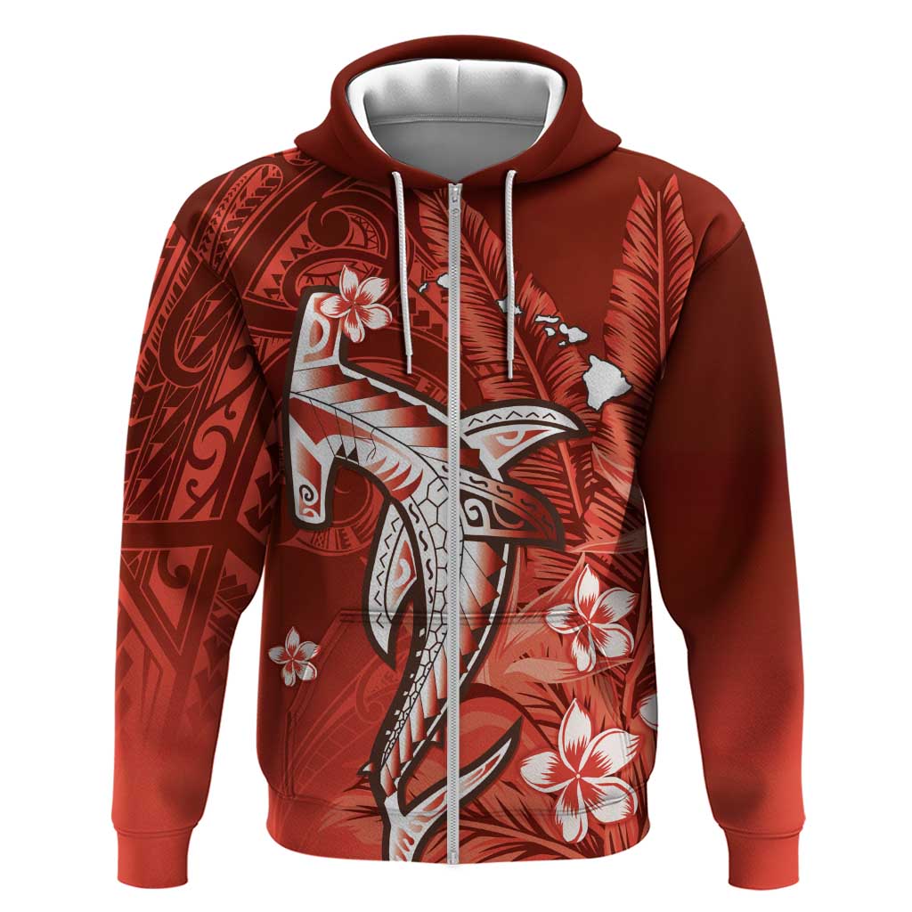 Personalized Hawaiian Maori Hammerhead Shark Zip Hoodie Ulaula Plumeria - Polynesian Pride