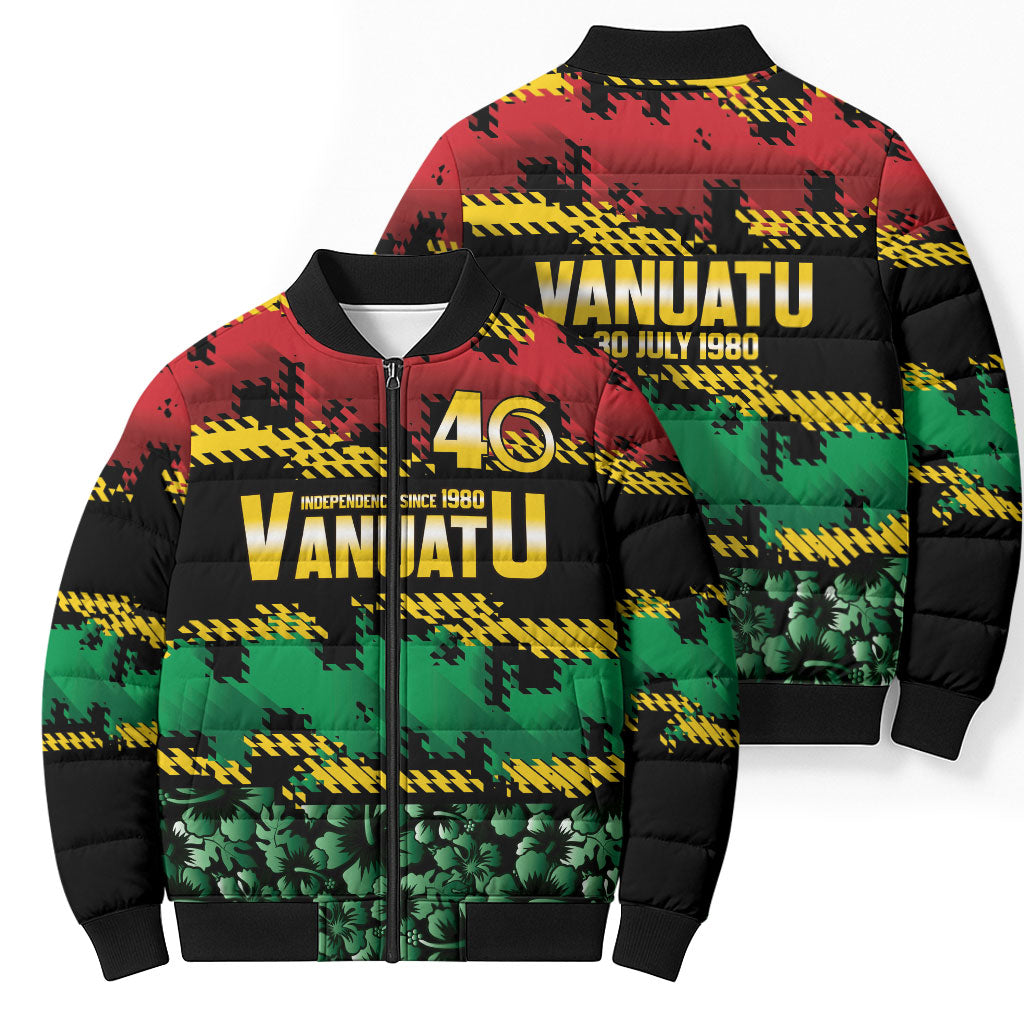 Vanuatu 46th Year Anniversary Bomber Puffer Jacket 30 July 1980 Hibiscus Seamless Pattern