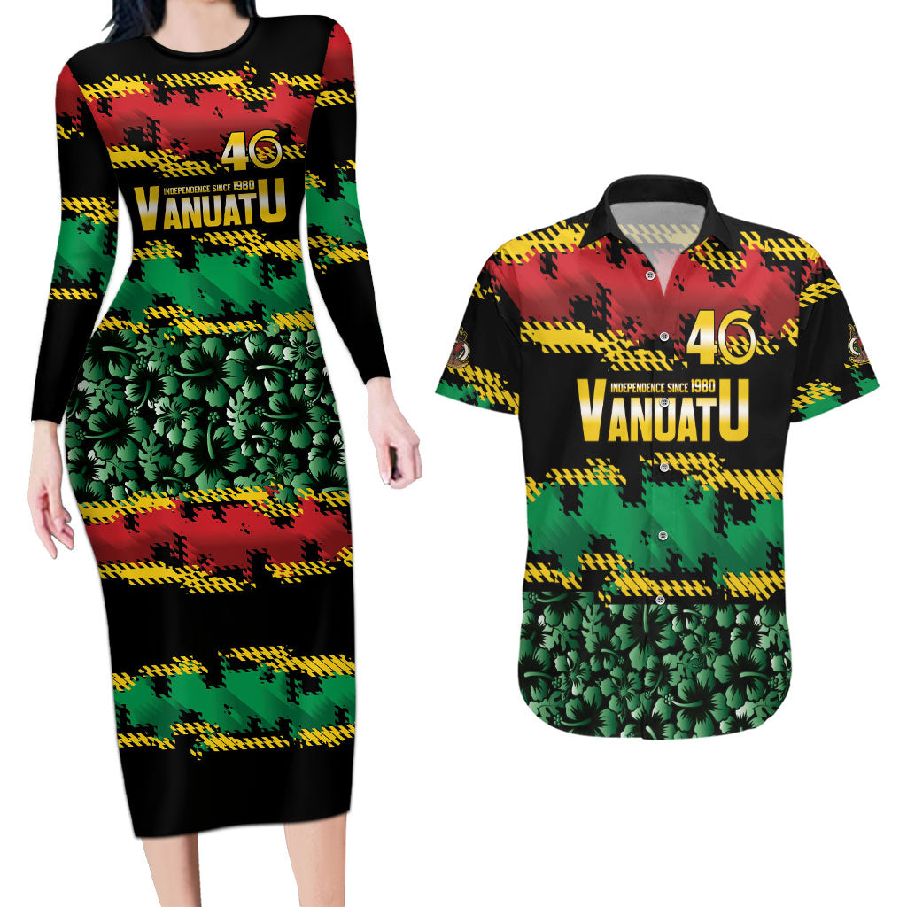Vanuatu 46th Year Anniversary Couples Matching Long Sleeve Bodycon Dress and Hawaiian Shirt 30 July 1980 Hibiscus Seamless Pattern