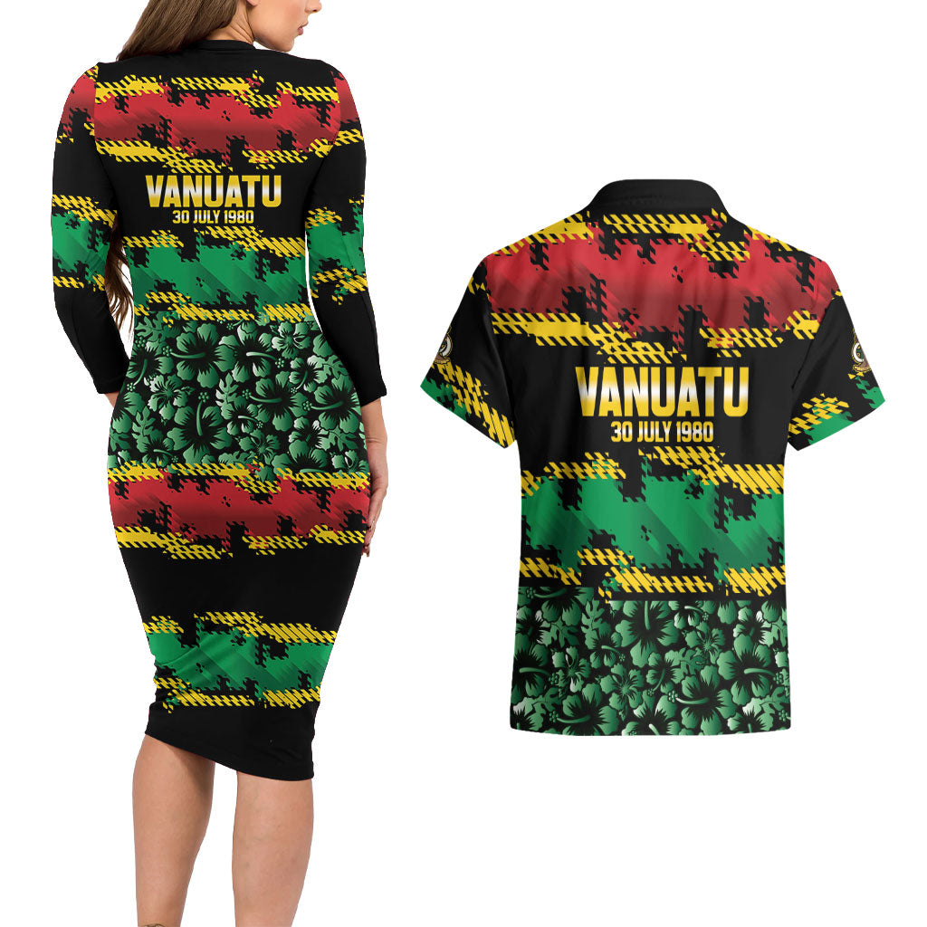 Vanuatu 46th Year Anniversary Couples Matching Long Sleeve Bodycon Dress and Hawaiian Shirt 30 July 1980 Hibiscus Seamless Pattern